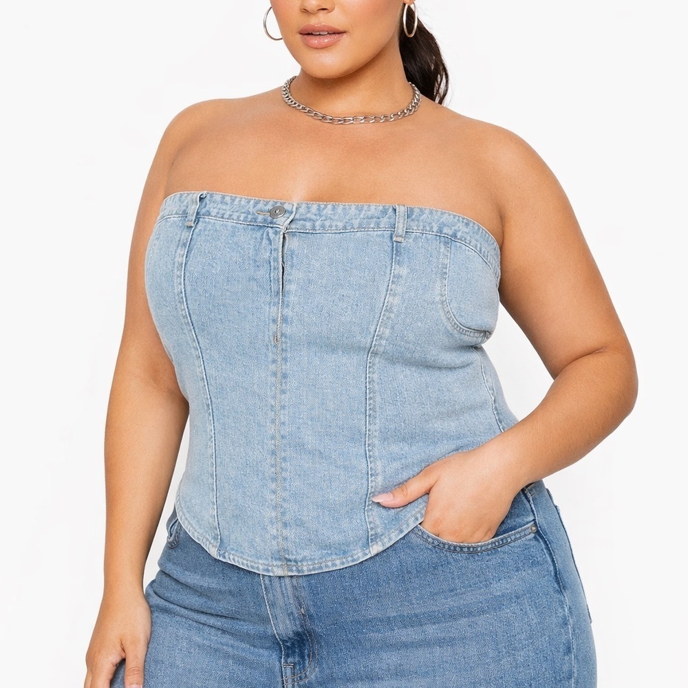 PrettyLittleThing Light Blue Denim Strapless Corset Crop Top